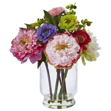 Peony And Mum In Glass Vase
