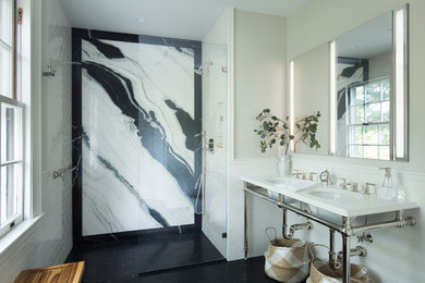 Design ideas for a mid-sized transitional master bathroom in Boston with a curbless shower, white tile, porcelain tile, beige walls, marble floors, an undermount sink, engineered quartz benchtops, black floor, an open shower and white benchtops.