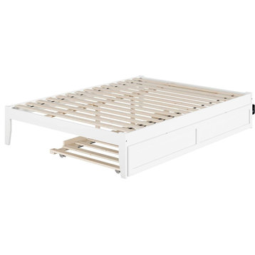Queen Size Platform Bed, USB Ports and Twin Extra Long Trundle, White Finish