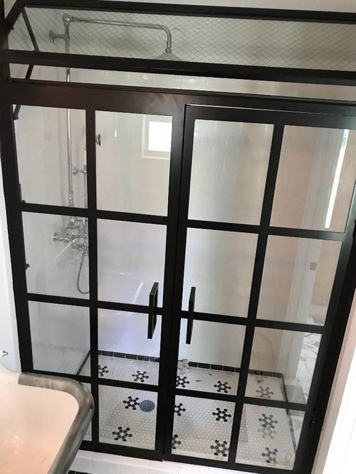 Custom black grid shower door