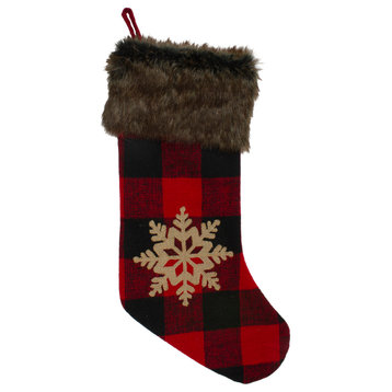 19" Red and Black Buffalo Plaid Christmas Stocking With Snowflake