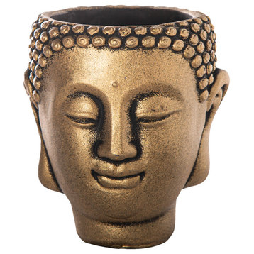 Round Cement Buddha Head Pot Washed Painted Gold Finish, Small