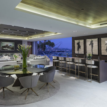 Los Tilos Hollywood Hills luxury home modern open plan dining room, wet bar & li