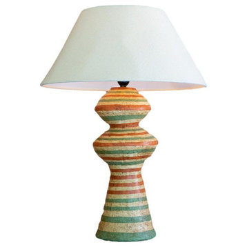 Whimsical Green Rust Red Stripe Table Lamp Paper Mache 28 in Sculptural Colorful