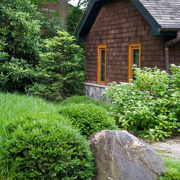 Boxwood, Boulder and Liriope
