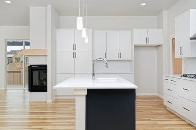 Example of a large cottage l-shaped light wood floor and brown floor open concept kitchen design in Denver with a drop-in sink, flat-panel cabinets, white cabinets, granite countertops, white backsplash, ceramic backsplash, stainless steel appliances, an island and white countertops
