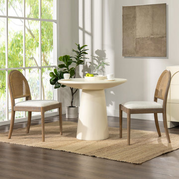 Panama 18.5" Curved Cane Rattan Side Dining Chair, Set of 2, Ivory White Boucle