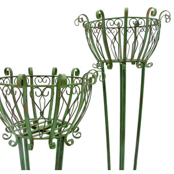 2-Piece Tall Iron Basket Plant Stands, Antique Green