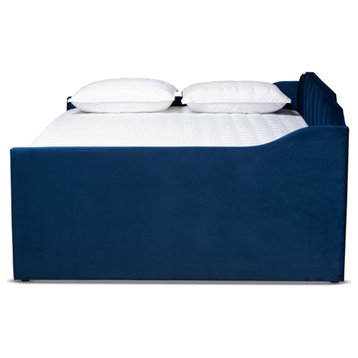 Bowery Hill Contemporary Velvet Queen Size Daybed with Trundle in Blue