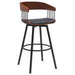 Armen Living - Athena 27" Swivel Walnut Wood Counter Stool Black Faux Leather With Black Metal, 31 - Bring sophisticated style and comfort to your home with our Athena Upholstered Swivel Bar or Counter Stool. With bentwood construction, our bar stool features a stunningly streamlined and striking barrel back. Its sleek and eye-catching curves are complemented by an airy metallic frame and splayed legs for a stunning visual impact. An enveloping silhouette and padded seat promise a comfortable sit in a kitchen or lounge. Our barstool is available in both faux leather and high-performance fabric to best suit the daily wear and tear of your home. Expertly crafted from metal and engineered wood, the counter stool shows off a mixed material elegance to work well anywhere from your kitchen to a home office. It can complement a kitchen island, pub table, home bar, or adjustable desk, bringing a dose of style and comfort. Our modern bar stool comes with a wonderful 360-degree swivel with a smooth gliding system, allowing you to join conversations around the counter or work with ease and efficiency. The Athena swivel bar or counter stool easily incorporates into any home and is available in your choice of 27-inch or 31-inch seat height in a walnut wood finish with black, cream, and gray faux leather upholstery or a black wood finish with your choice of light gray or blue fabric or gray faux leather upholstery.