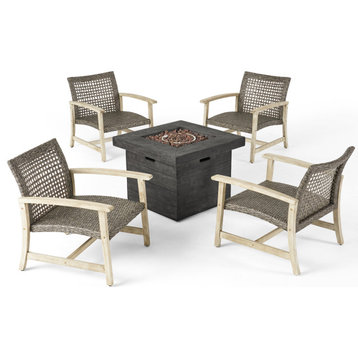 Eleanor Outdoor 5-Piece Wood and Wicker Fire Pit Set, Mixed Black/Light Gray Was