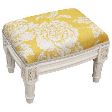 Peony-Navy, Linen Upholstered Footstool, Mustard Yellow