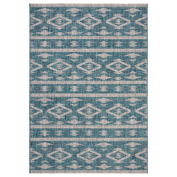 Courtyard Cy8863-37221 Southwestern Rug, Teal and Gray, 6'7"x6'7" Square