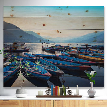 Designart Blue Wooden Boats Lake Boat Wood Wall Art 46x36