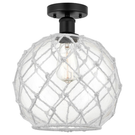 Edison Farmhouse Rope 10" Semi-Flush Mount, Matte Black, Clear Glass, White Rope