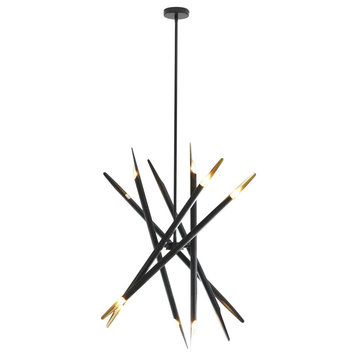 Contemporary Chandelier, Interlocking Rod Design With Tubular Prism Bulbs, Black