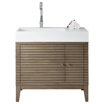 Linear 36" Single Vanity Whitewashed Walnut, Glossy White Composite Top