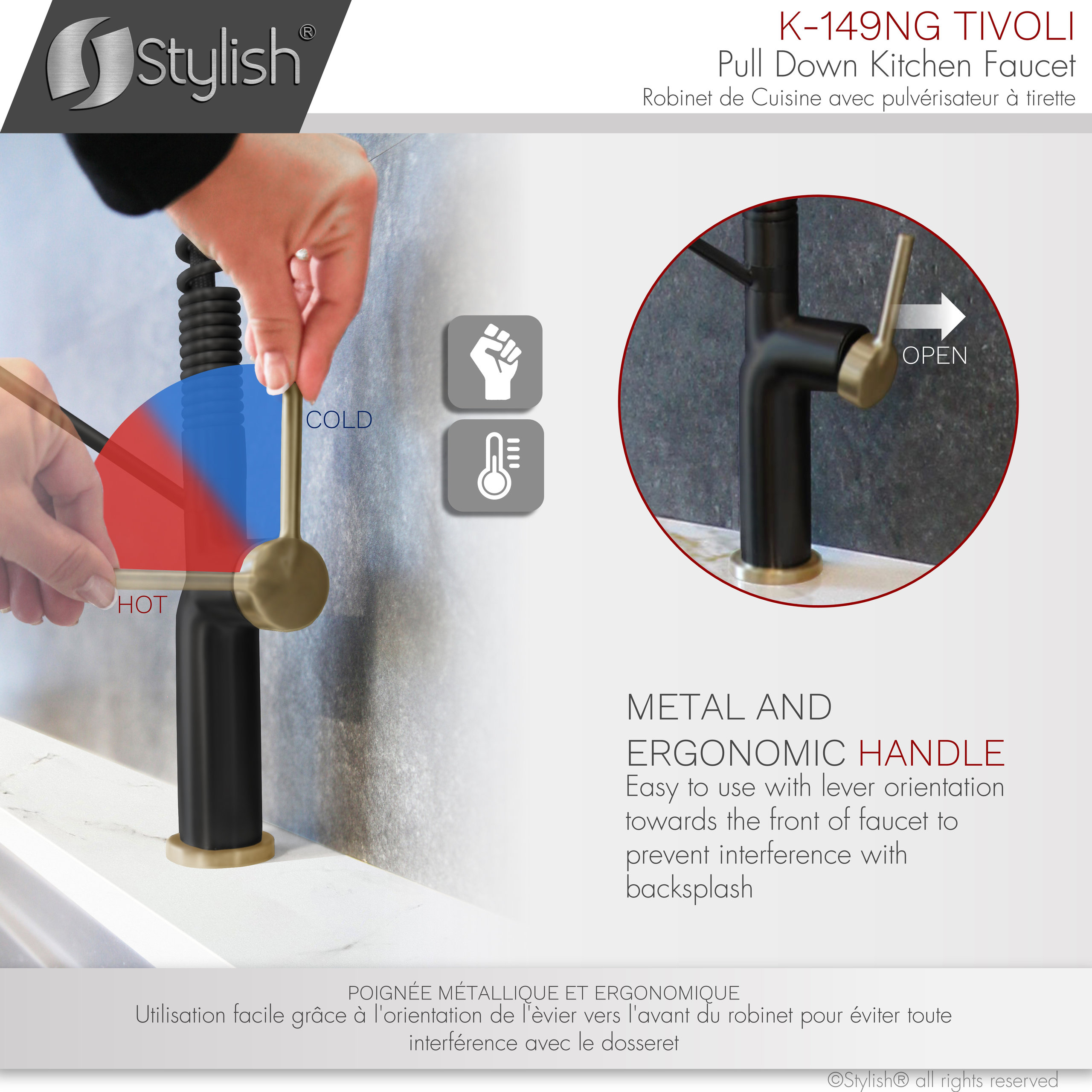 STYLISH Single Handle Pull-Down Dual Mode Kitchen Faucet in Matte Black/Gold