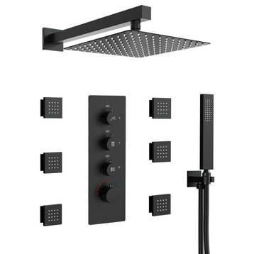 Thermostatic Shower System 12" Rain Shower Head with Rough-in Valve & Body Jets, Matte Black