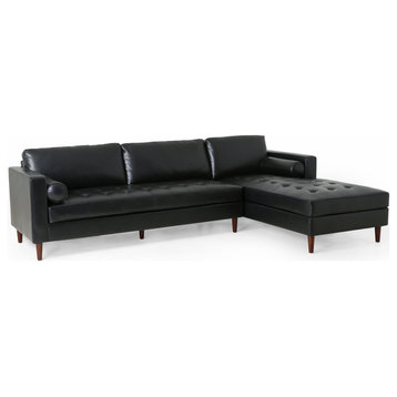 Contemporary  Sectional Sofa, Deep Tufted Seat With Bolster Pillows, Midnight