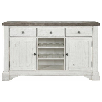 Transitional Sideboard, 2 Cabinets & Textured Open Shelves, Distressed White