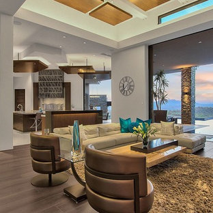 Repräsentatives, Offenes Mediterranes Wohnzimmer mit grauer Wandfarbe und braunem Boden in Phoenix