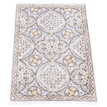 Brown Mughal Inspired Medallions Design Textured Wool and Silk Rug, 2'1"x3'1"