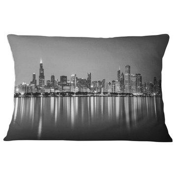 Chicago Skyline at Night Black and White Cityscape Throw Pillow, 12"x20"
