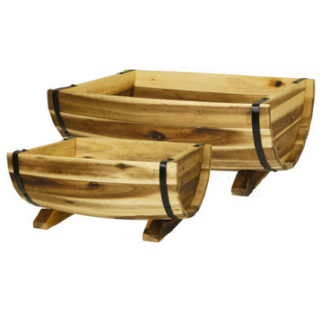 Classic Home and Garden Acacia Wood Half-Barrel Planters with Metal Band, Assort