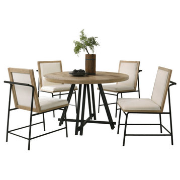 Tate Oak Finish 47" Round Dining Table Set With Cream Color Upholstered Chairs