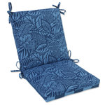 Pillow Perfect - Maven/Preview Capri Squared Corners Chair Cushion - Can you feel the balmy island breeze yet? Take a virtual trip to the tropics with Maven Capri Reversible. In shades of navy and denim blue, the print features patterned palm fronds on one side and the bold 2" awning stripes of Preview Capri on the other. The blue tones of this reversible Maven/Preview are perfect for poolside, lakeside, or your favorite outdoor space. Maven Capri Reversible was created to be paired with a number of other Pillow Perfect patterns and solids and is available in a variety of pillow/cushion shapes and sizes.