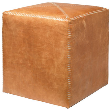 Luxurious Square Cube Brown Buff Leather Ottoman 16" Classic Design Rustic