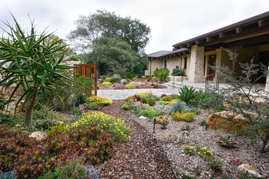 Design ideas for a mid-sized mediterranean drought-tolerant and partial sun front yard mulch garden path in San Diego.