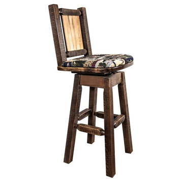 Montana Woodworks Homestead 30" Swivel Barstool with Pine Tree Design in Brown