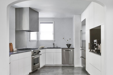 This is an example of a medium sized contemporary u-shaped enclosed kitchen in San Francisco with flat-panel cabinets, white cabinets, granite worktops, porcelain flooring, no island and grey floors.