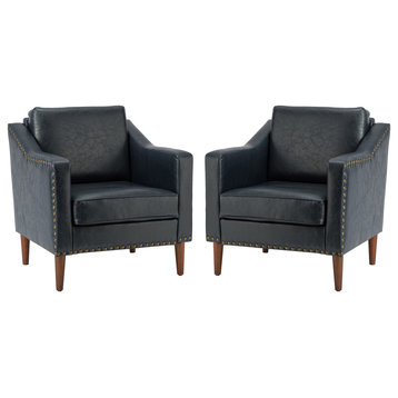 Vegan Leather Armchair With Sloped Arms Set of 2, Navy