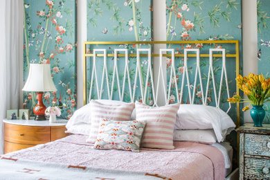 Bedroom - eclectic carpeted, gray floor and wallpaper bedroom idea in DC Metro with multicolored walls