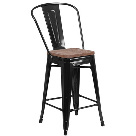 Flash Furniture 24" Metal Counter Stool in Black and Wood Grain