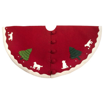 Handmade Christmas Tree Skirt in Hand Felted Wool, Dogs with Trees on Red, 60"