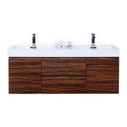 60 inch Wall Mount Double Sink Modern Bathroom Vanity Walnut Finish - Bathroom Vanities And Sink Consoles