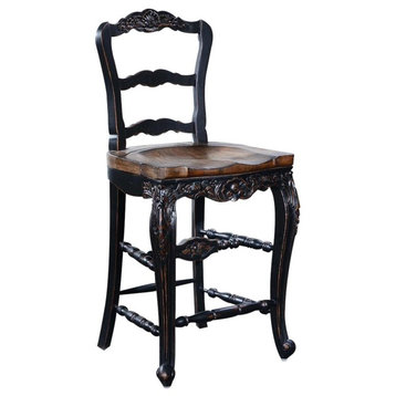 Counter Stool French Country Farmhouse Blackwash Wood  Floral Carved