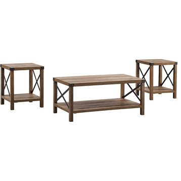 3 Pieces Industrial Coffee Table Set, X-Shaped Sides & Bottom Shelf, Rustic Oak