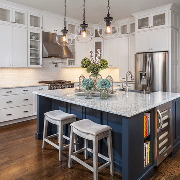 White and Navy Kitchen with Marble