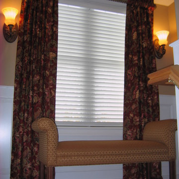 Gathered Drapery Side Panels on Twisted Wood Pole, Upholstered bench