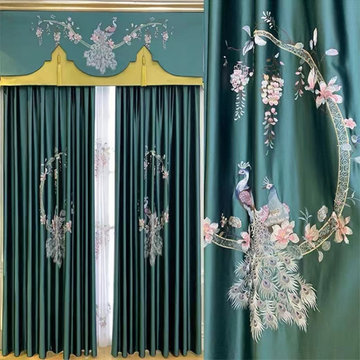 QYHL225C Silver Beach Embroidered Colorful Peacock Faux Silk Custom Made Curtain