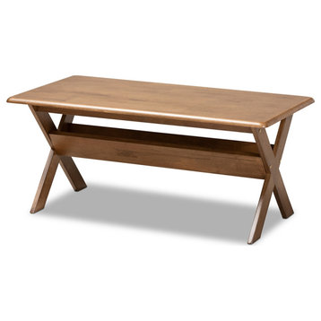 Modern Transitional Walnut Brown Finished Rectangular Wood Coffee Table