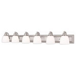Livex Lighting - Springfield 6-Light Bath Vanity, Brushed Nickel - Bring a beautiful new look to your bathroom or vanity area with this charming six light bath fixture. A wide rectangular backplate in brushed nickel finish supports six simple arms that hold six glass shades in hand blown satin opal white glass.