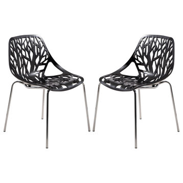 LeisureMod Modern Asbury Dining Chair With Chromed Legs, Set of 2 Black