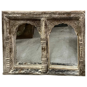 Consigned Indian Jharokha Mirror, 2 Arch frame, Handcarved Wooden Mirror