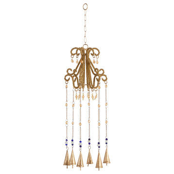 Gold Metal Eclectic Embellished Chandelier Windchime with Beads 8" x 8" x 31"